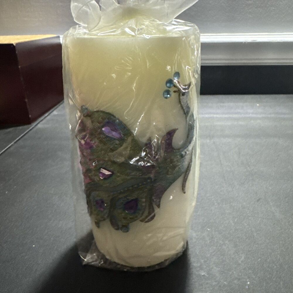 VTG Pier One 3” X 6” Pillar Peacock Candle In Original Wrap